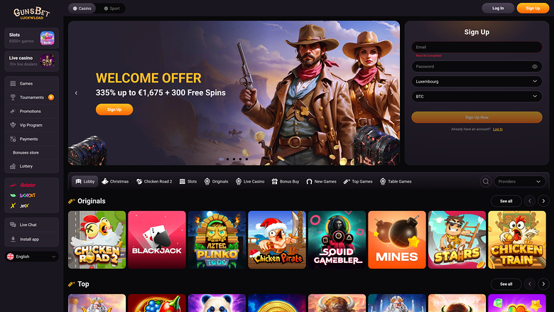 Pagina iniziale desktop del casinò Gunsbet