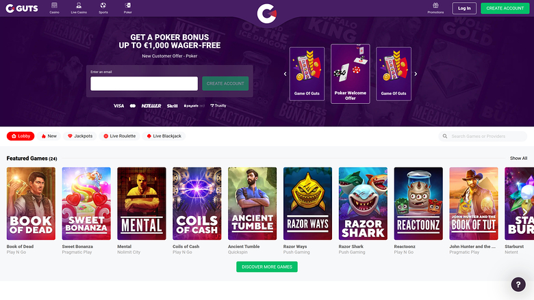 Page d'accueil du casino Guts pour ordinateur