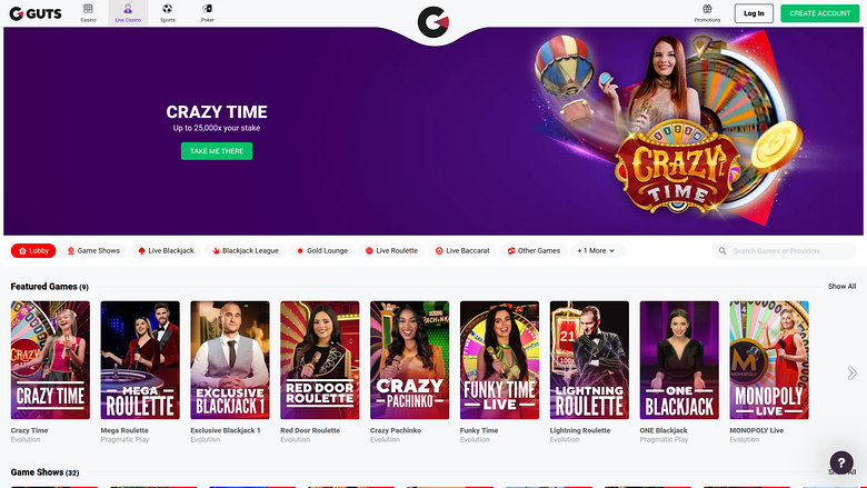 Guts Casino sur ordinateur avec croupier en direct