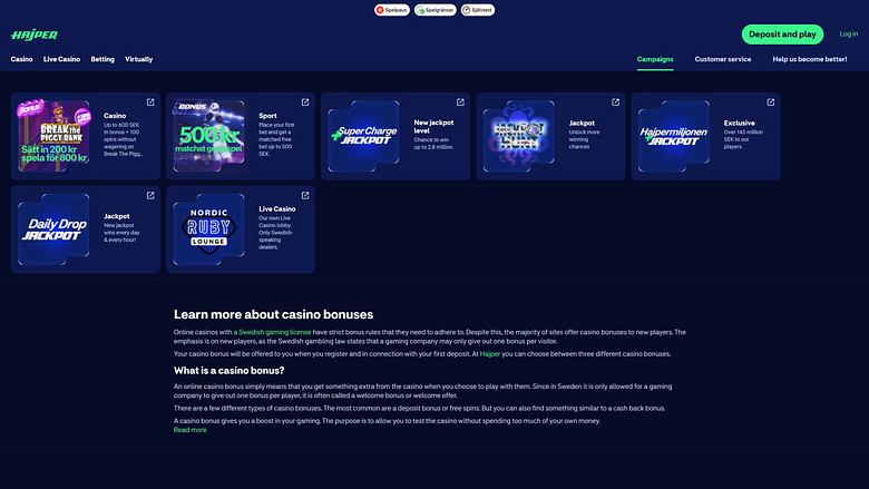 Hajper Casino Desktop Promotions