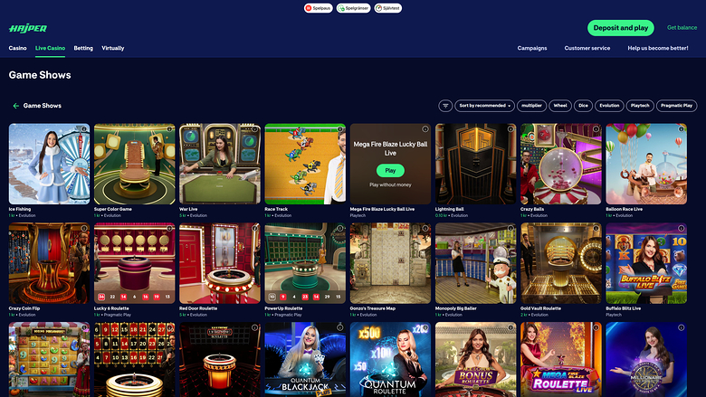 Jeux de casino Hajper sur ordinateur