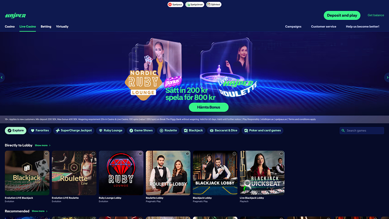Casino Hajper sur ordinateur avec croupier en direct