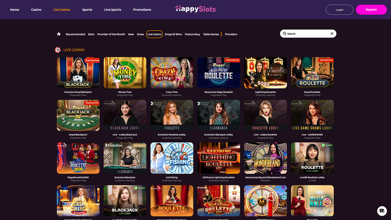 Happy Slots Casino sur ordinateur avec croupier en direct