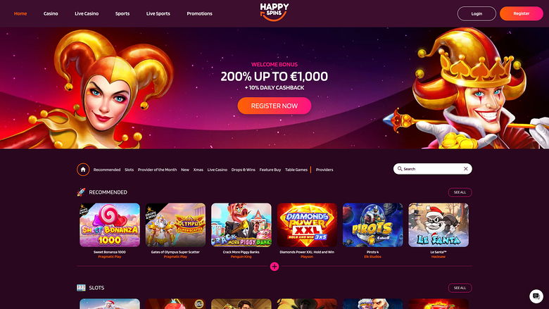 Page d'accueil du casino Happy Spins pour ordinateur