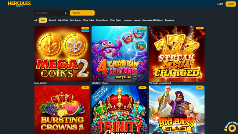Capture d'écran de la page Jeux du casino Hercules