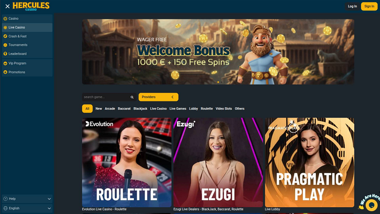 Capture d'écran de la page en direct du casino Hercules