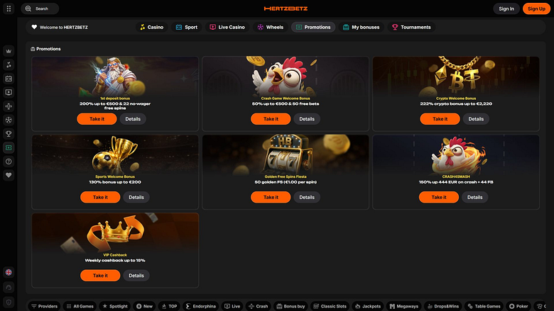 Hertzbetz Casino Desktop-Aktionen