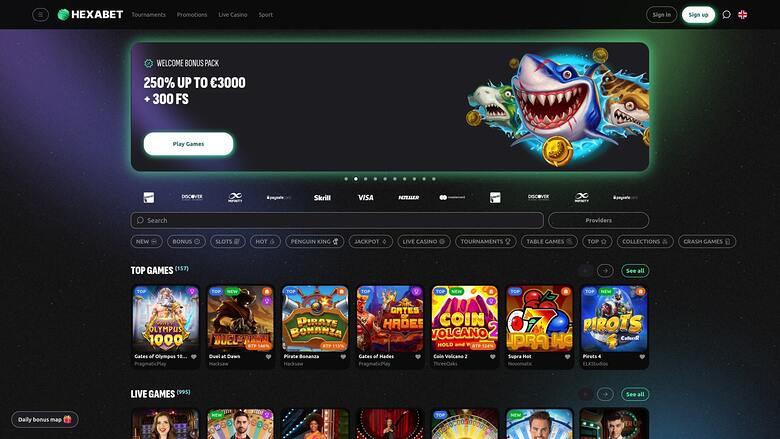 Hexabet Casino Главная страница Настольная версия