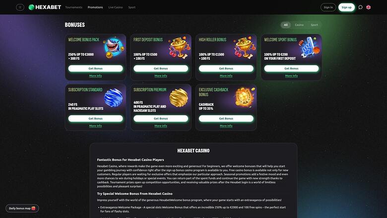 Hexabet Casino Акции Настольная версия