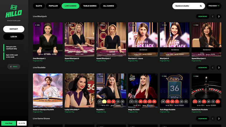 Hillo Casino: изображение рабочего стола, дилер в режиме реального времени
