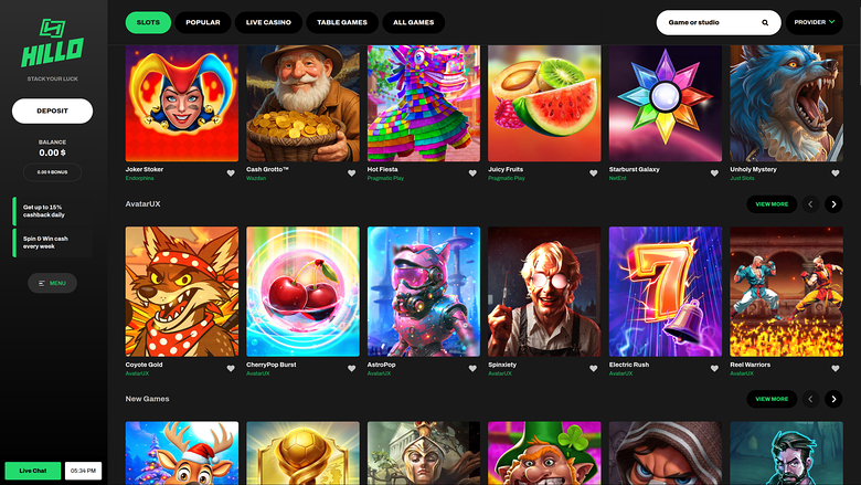 Jeux de casino Hillo sur ordinateur