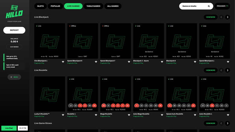 Casino Hillo sur ordinateur avec croupiers en direct