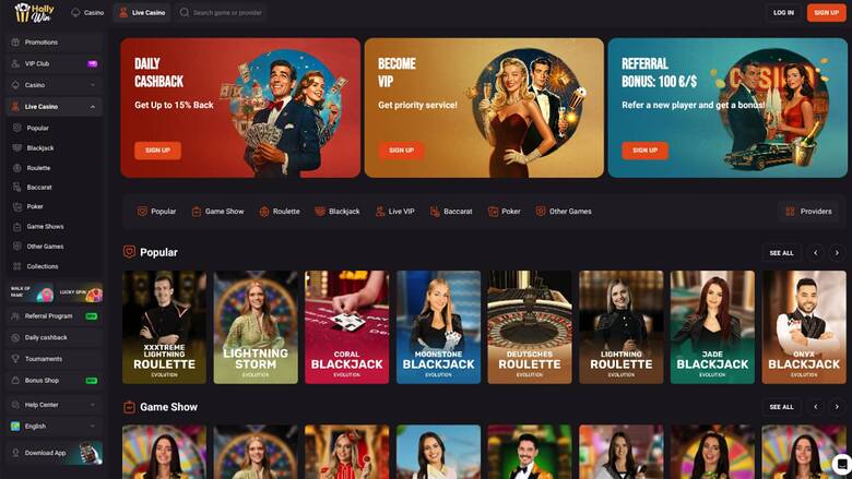 Screenshot der Homepage von Hollywin Casino