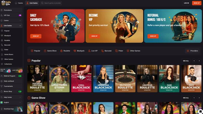 Screenshot der Live-Seite von Hollywin Casino