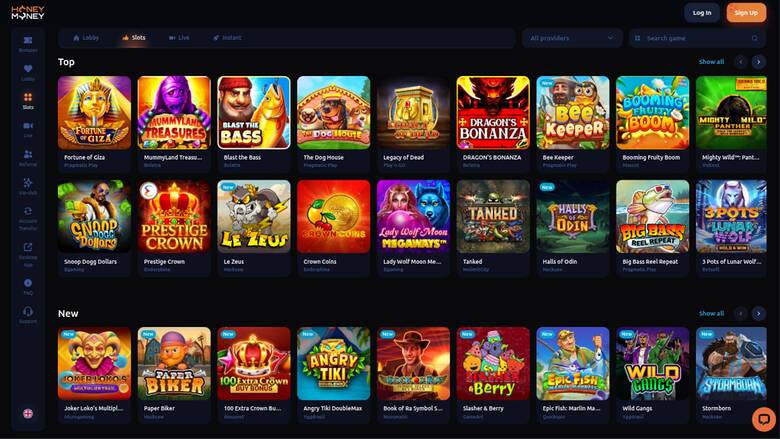 Screenshot della pagina dei giochi di HoneyMoney Casino