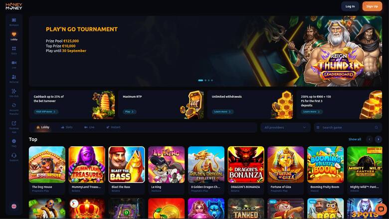 Screenshot della homepage di HoneyMoney Casino