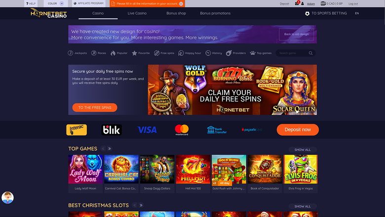 Домашняя страница казино Hornetbet для ПК