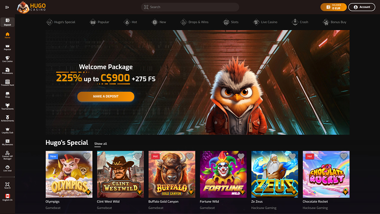 Page d'accueil du casino Hugo (ordinateur de bureau)