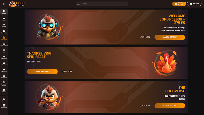 Promotions Hugo Casino sur ordinateur