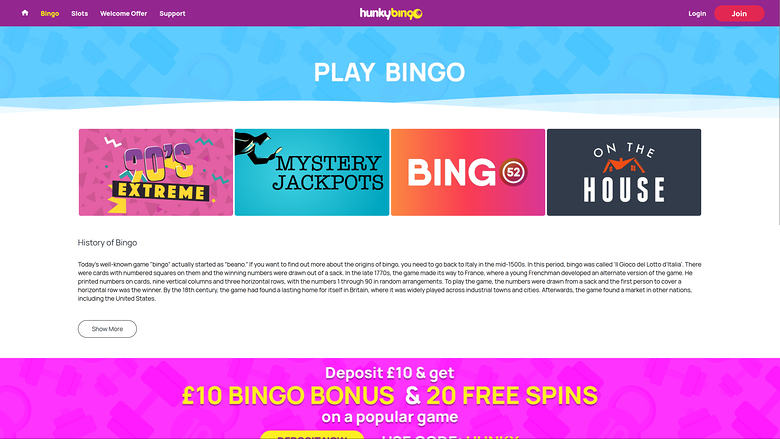 Bingo Casino Hunky Bingo sur ordinateur