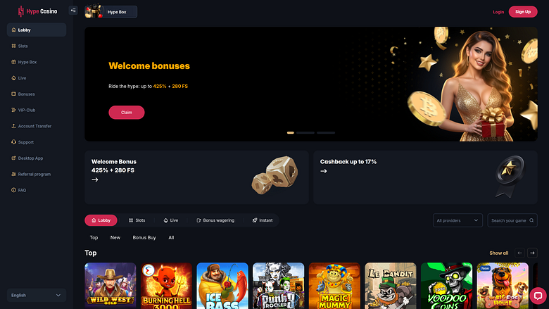 Page d'accueil de Hype Casino (version ordinateur)