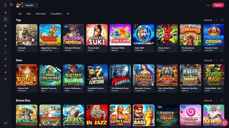 Скриншот страницы игр Hype Casino