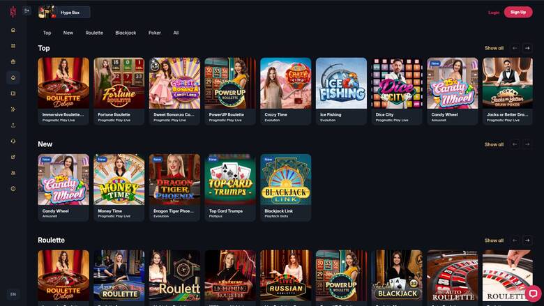 Скриншот страницы Hype Casino в режиме реального времени