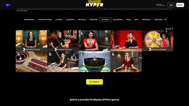 Hyper Casino Desktop с живым дилером