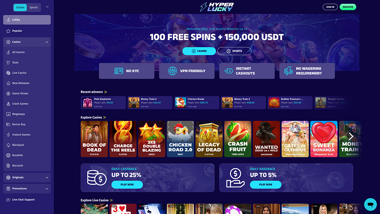 Pagina iniziale desktop di Hyper Lucky Casino