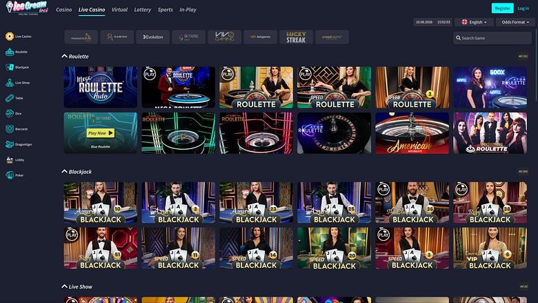 Страница казино IceCreamBet с живыми дилерами