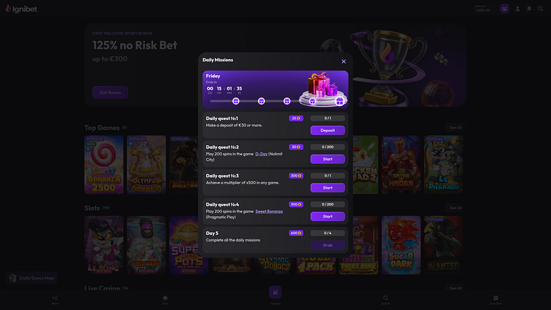 Missions quotidiennes du casino Ignibet (version ordinateur)
