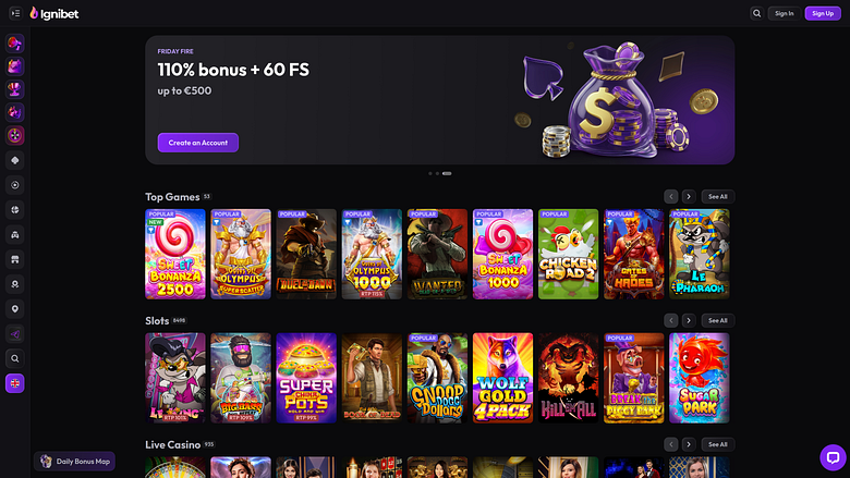 Page d'accueil du casino Ignibet (version ordinateur)