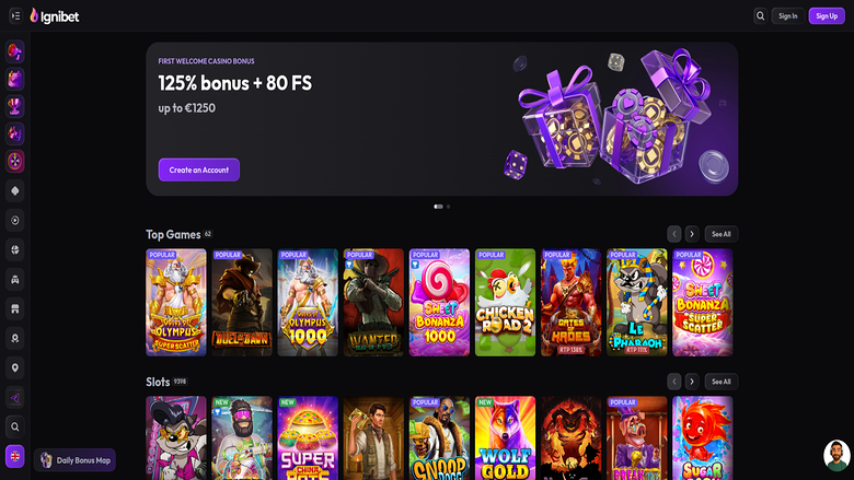 Screenshot der Homepage von Ignibet Casino für Desktop