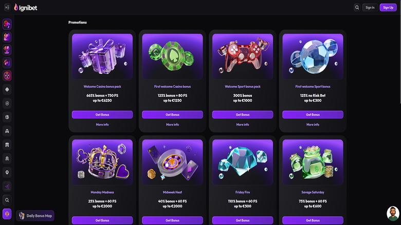 Screenshot der Werbeaktionen von Ignibet Casino für Desktop