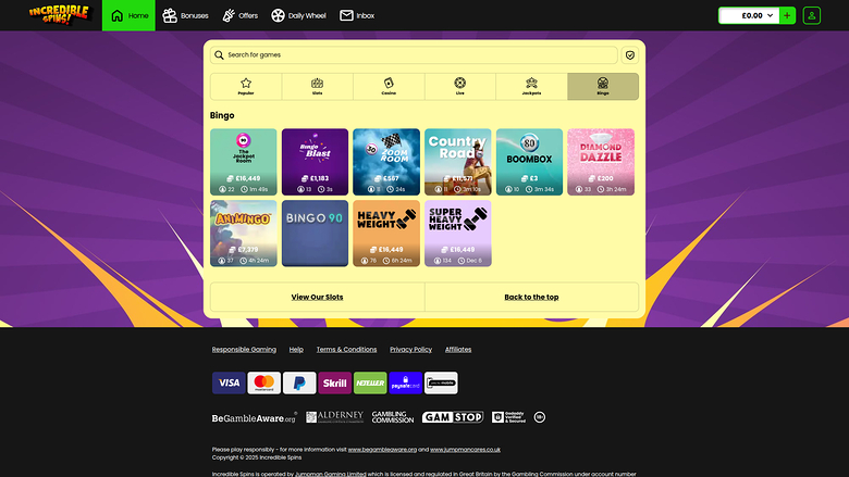 Казино Incredible Spins Настольная версия Бинго