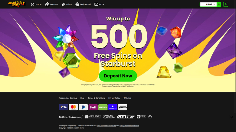 Домашняя страница казино Incredible Spins для ПК
