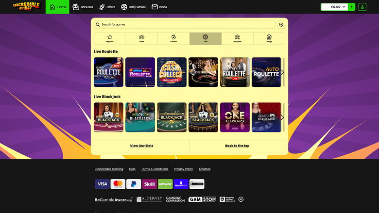 Incredible Spins Casino Desktop Live Dealer