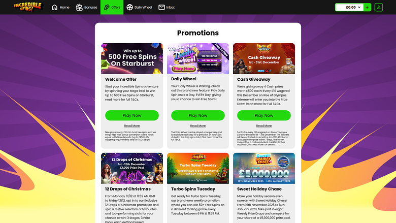 Акции казино Incredible Spins для рабочего стола