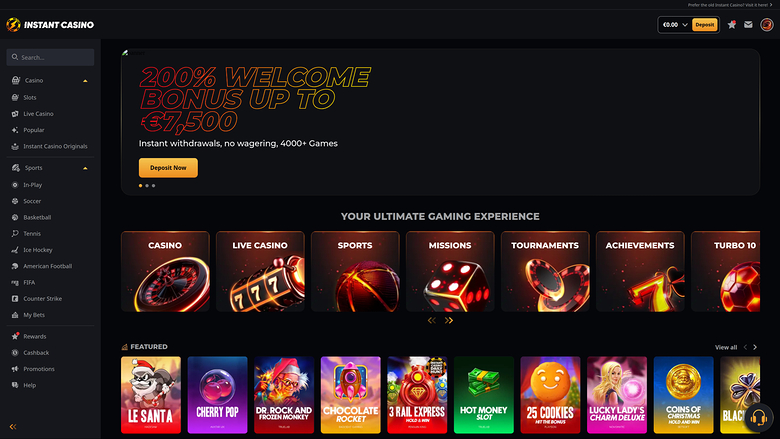 Homepage desktop di Instant Casino