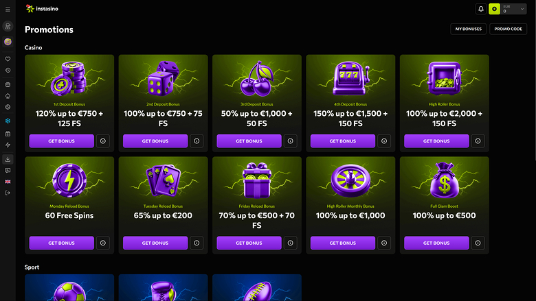 Promozioni desktop di Instasino Casino