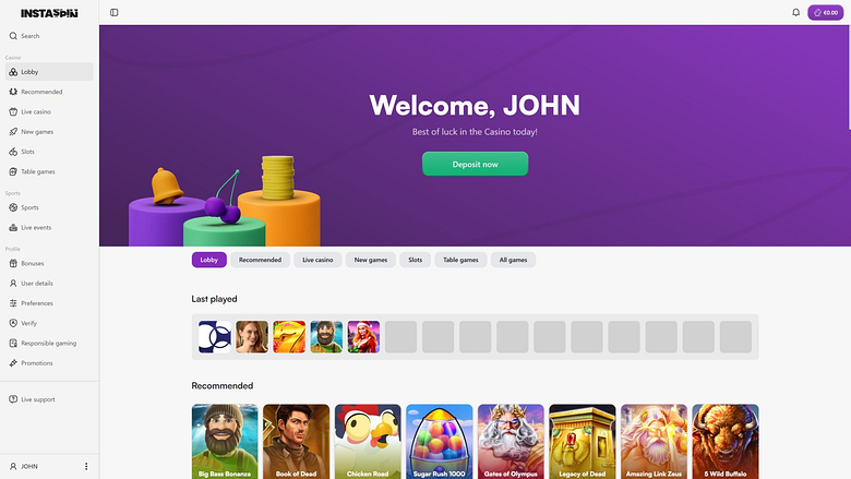 Page d'accueil du casino Instaspin pour ordinateur