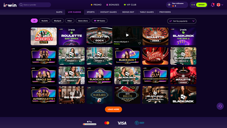 Irwin Casino Desktop croupier dal vivo