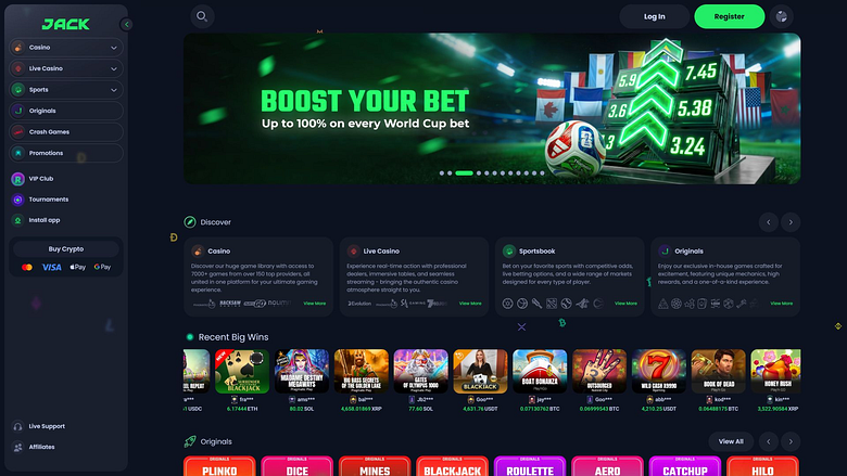 Page d'accueil de Jack Casino pour ordinateur