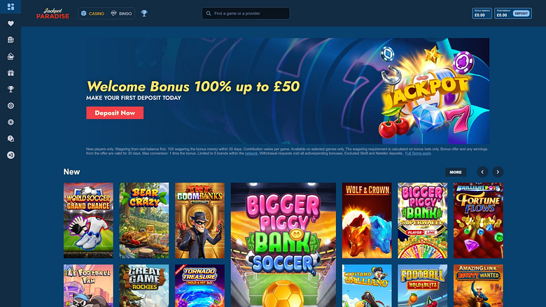 Page d'accueil du casino Jackpot Paradise (version ordinateur)