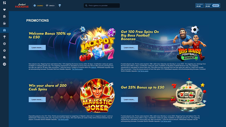 Promotions sur ordinateur du casino Jackpot Paradise