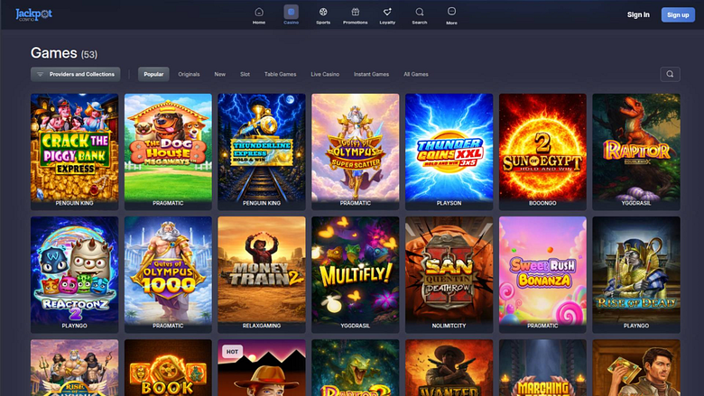 Captura de pantalla de la página de juegos de Jackpot Casino