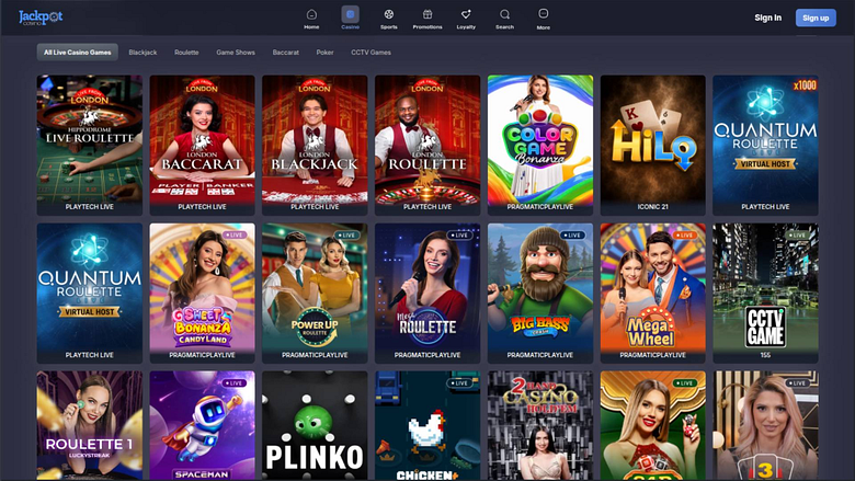 Captura de pantalla de la página en vivo de Jackpot Casino