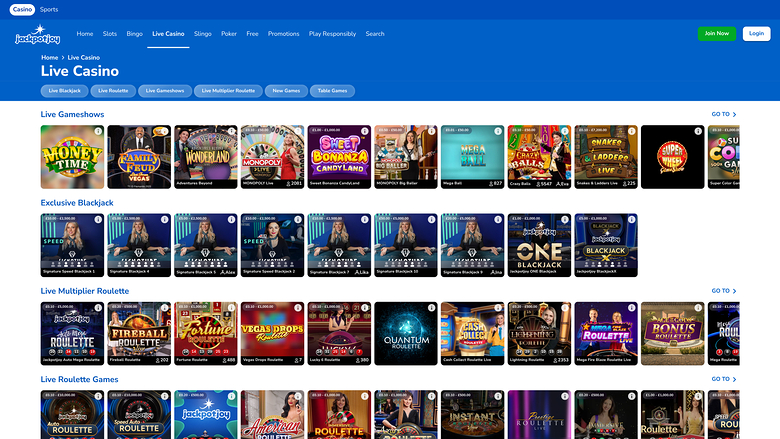 Jackpotjoy Casino avec croupier en direct sur ordinateur