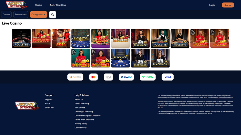 Jackpotstrike Casino avec croupier en direct sur ordinateur