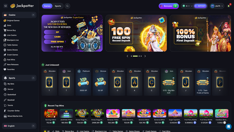 Jackpotter Casino Homepage Desktop